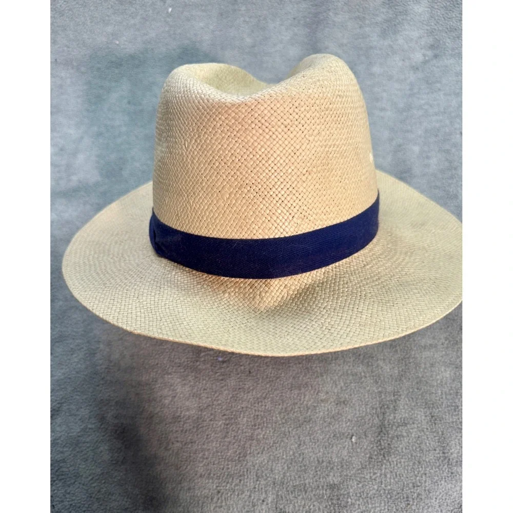 Dobbs Fifth Avenue Straw Fedora Hat Tan Navy Blue Band Mens‎ Vintage Style